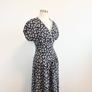 Vintage Navy Blue Floral Maxi Dress with Cream Daisies
